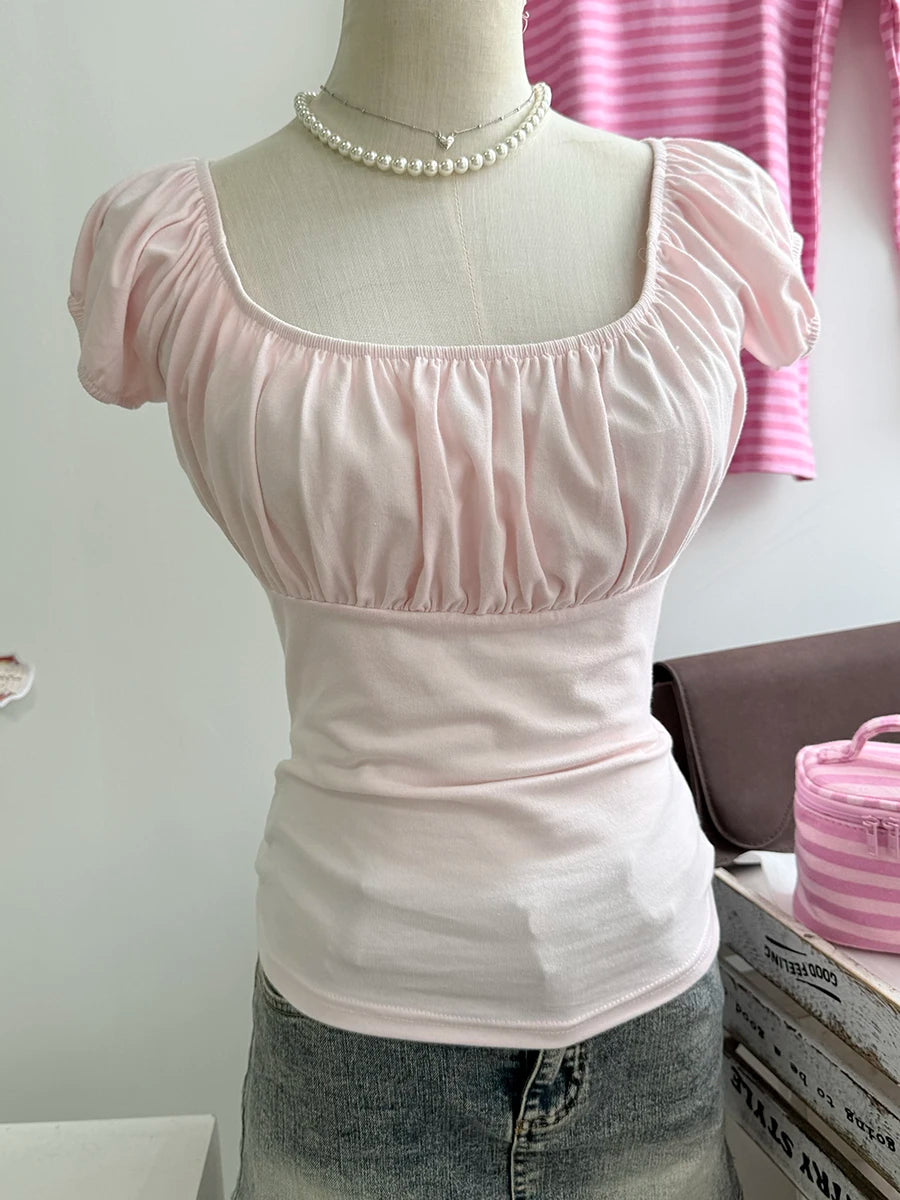 Pink Ruffle Slim Short Sleeve Tee Women Summer Square Collar Cotton Mesh Folds T-shirts Female Aesthetic Sweet Cute Y2K Tops New