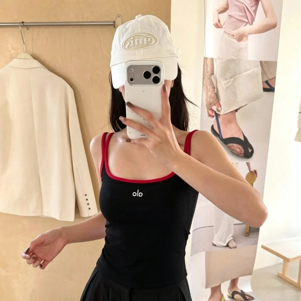 Summer New Pure Desire Letter Print Splice Strap Vest Slimming Color Block One-Piece Women's Vest with Chest Pad U-Neck Nylon