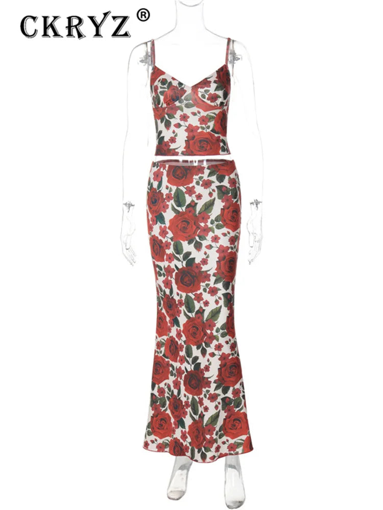 Ladies Summer Floral Print Fashion 2 Piece Set Beach Vacation Sleeveless Backless Top Long Skirts Matching Sets Women Birthday