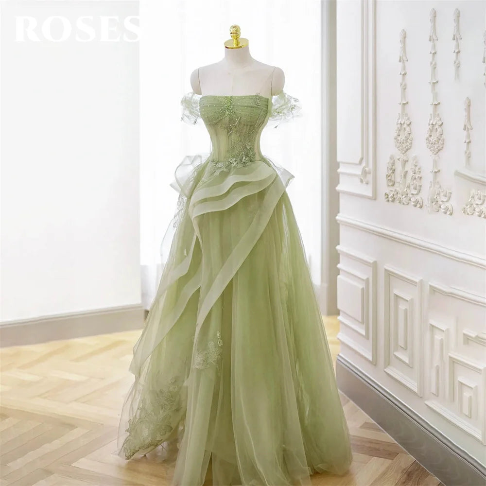 ROSES Sage Green Prom Dress Appliques Tulle Celebrity Dresses Tiered Pleat Women's Evening Dress Sweetheart Formal Gown 프롬 드