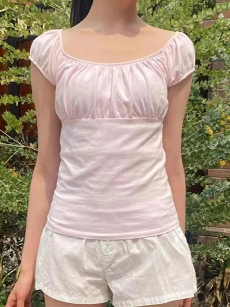 Pink Ruffle Slim Short Sleeve Tee Women Summer Square Collar Cotton Mesh Folds T-shirts Female Aesthetic Sweet Cute Y2K Tops New