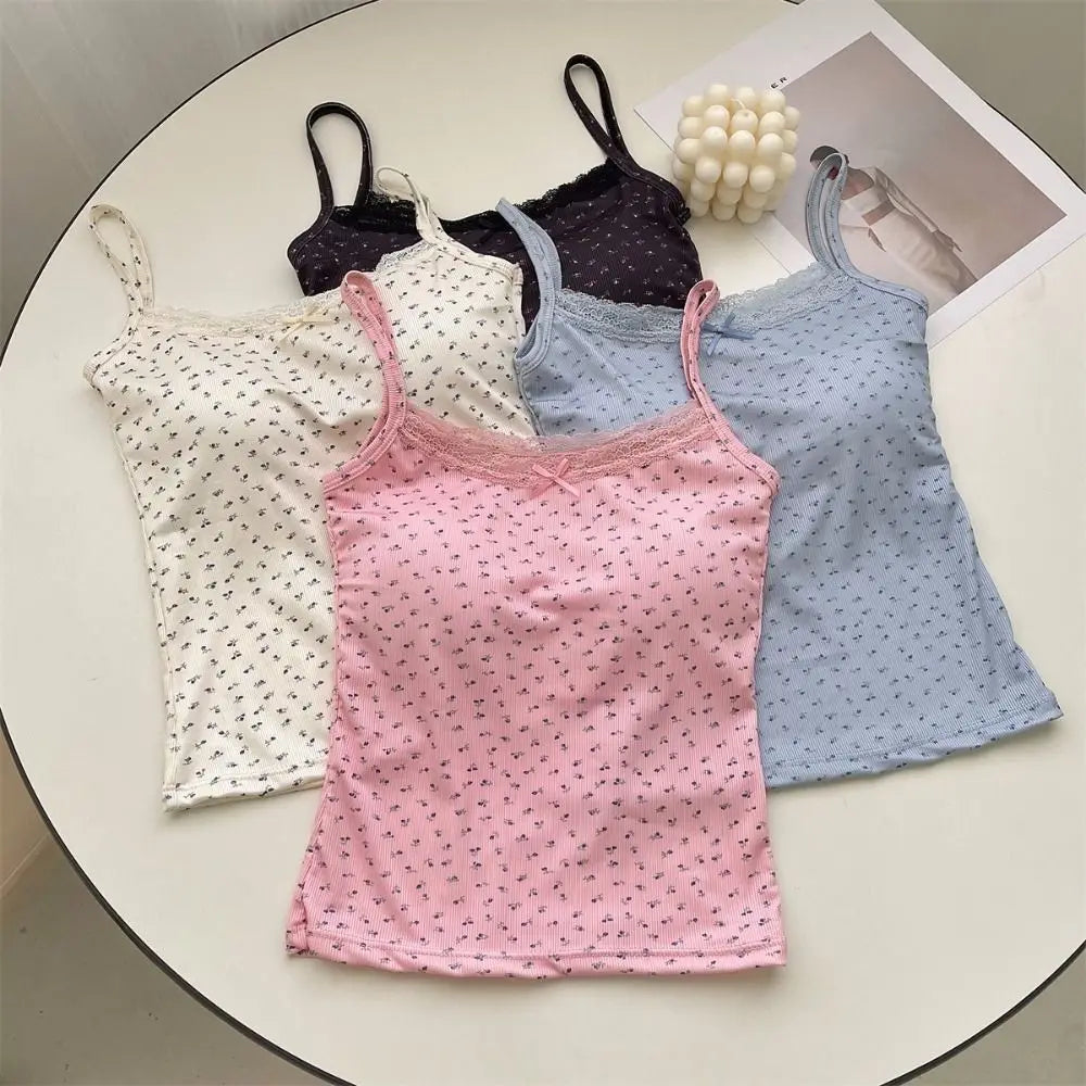 Elegant Sweet Floral Tank Tops Bowknot BM Style Lace Vest T-Shirt Bra Tops Casual Y2k Crop Top Spring Summer