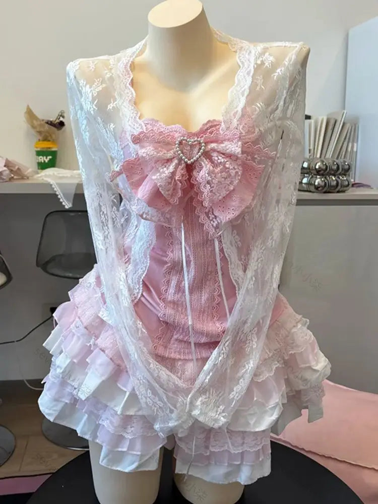 Beach Style Y2k 2 Piece Sets Women Casual Y2k Crop Top + Mini Skirts Corset Vest Korean Fashion Sexy Vintage Suits Chic Outwear