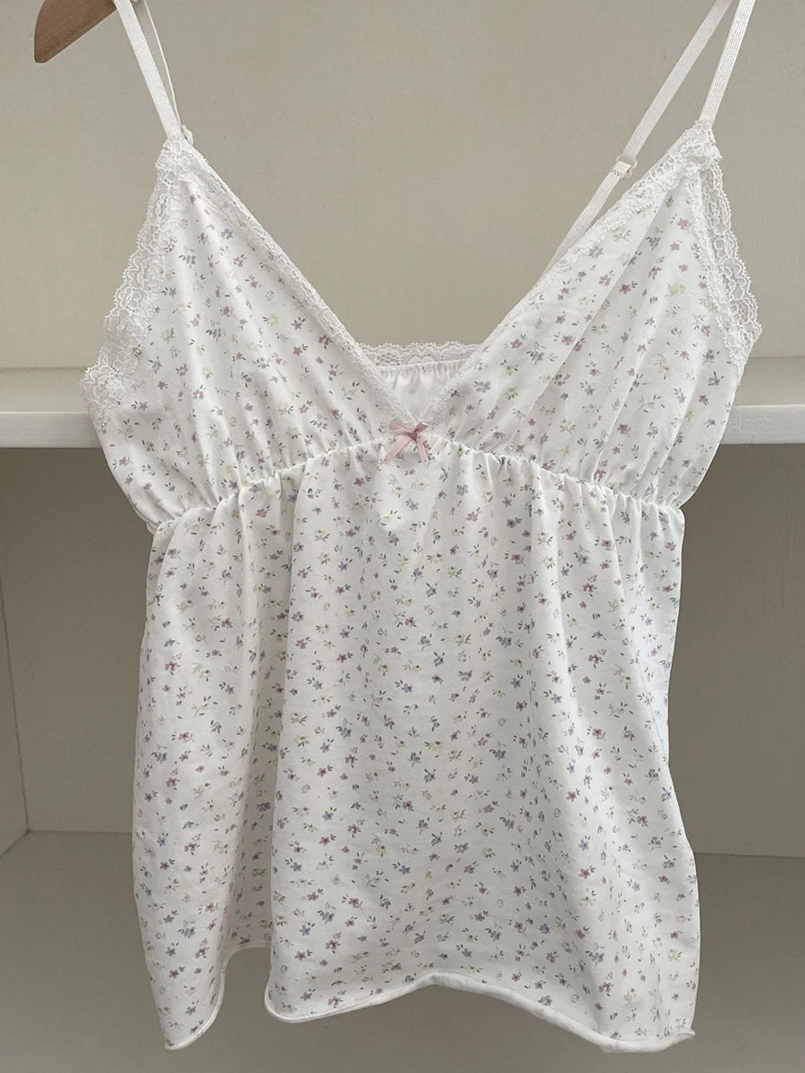 Floral Print Lace Trim Camis Women Summer New Bow Slim Sleeveless Crop Tops Vest Sweet Cute Sexy Preppy Style Tank Top Y2k Chic