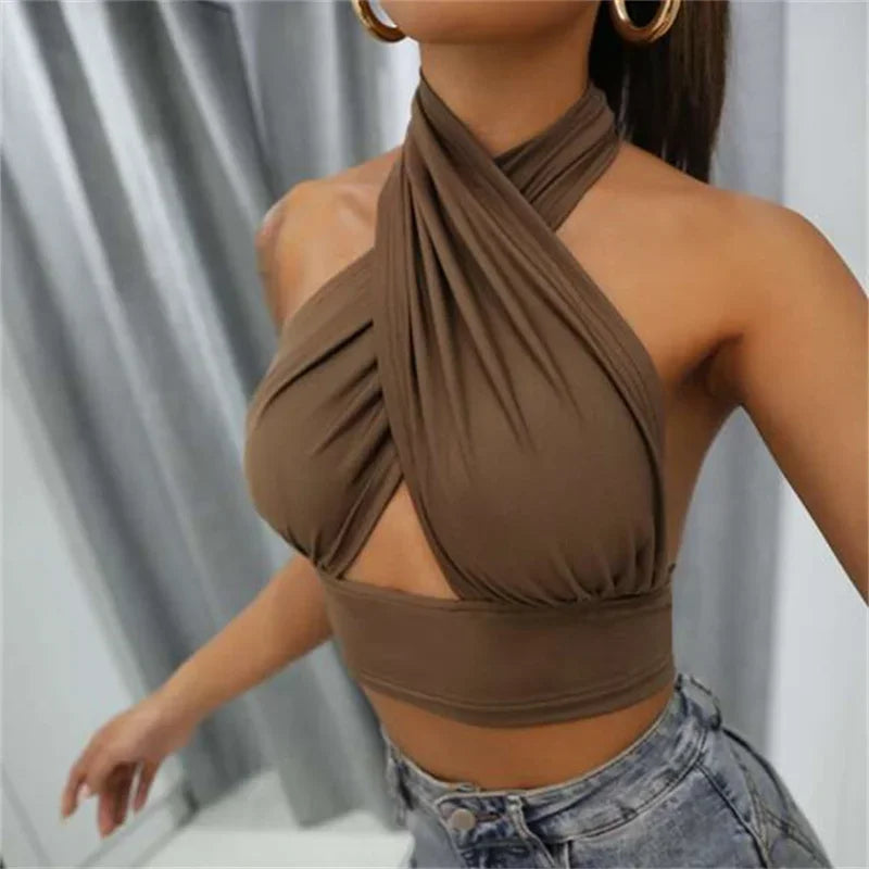 y2k Halter Top Women Summer Clothes Solid Color Sleeveless Backless Vest T Shirt 2000s Aesthetic Clothing Streetwear