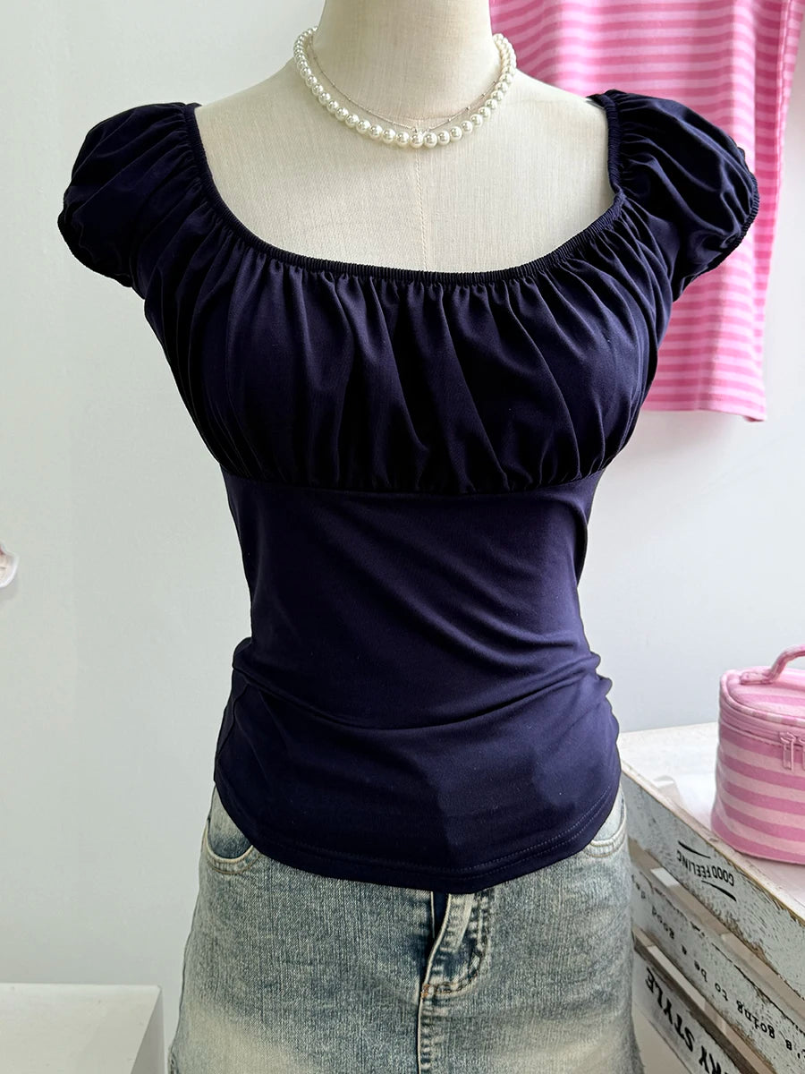 Pink Ruffle Slim Short Sleeve Tee Women Summer Square Collar Cotton Mesh Folds T-shirts Female Aesthetic Sweet Cute Y2K Tops New