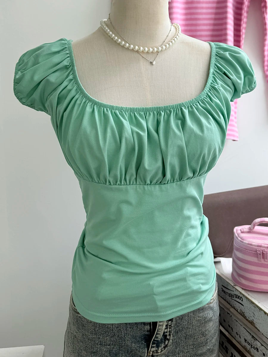 Pink Ruffle Slim Short Sleeve Tee Women Summer Square Collar Cotton Mesh Folds T-shirts Female Aesthetic Sweet Cute Y2K Tops New