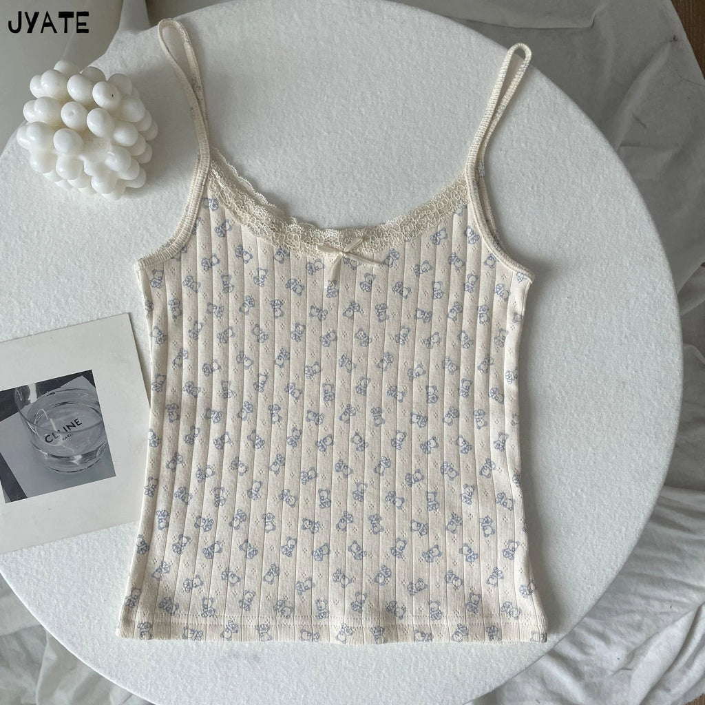 Cute Cartoon Lace Trim Tank Tops Women Summer New Slim Cotton Sleeveless Vests Vintage Sweet Preppy Style Camisole Y2K Clothes