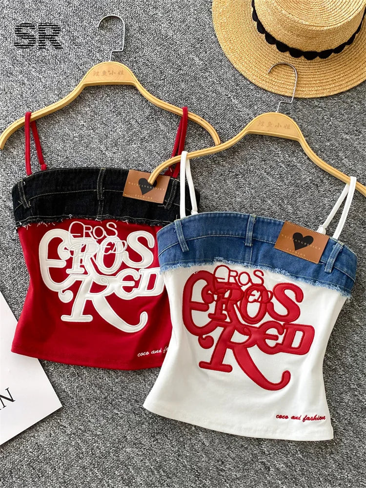 SINGREINY American Retro Y2k Strap Tops Letter Embroidery Denim Patchwork Fashion Design Women Hotsweet Streetwear Slim Crop Top