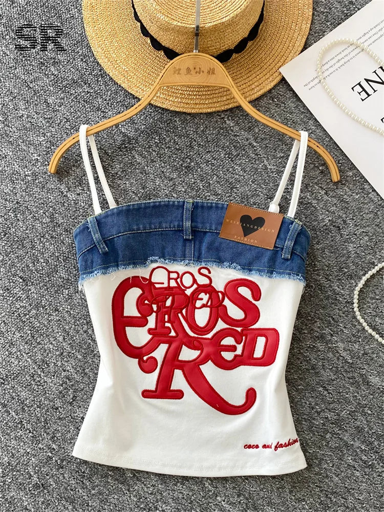 SINGREINY American Retro Y2k Strap Tops Letter Embroidery Denim Patchwork Fashion Design Women Hotsweet Streetwear Slim Crop Top