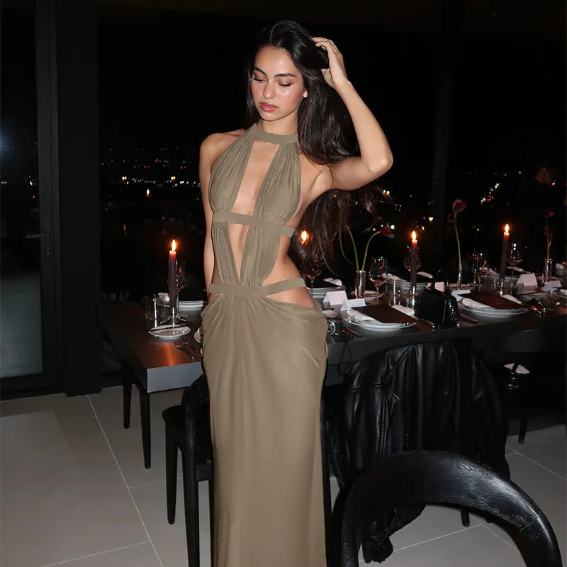 Halter Cut-Out Draped Super-Cut Back Bare Elegant Party Maxi Dress Waistless Backless Sleeveless Khaki Evening Prom Long Dress