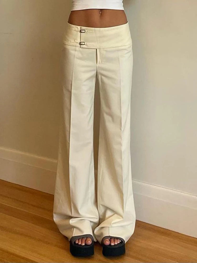 Vintage Y2K Korean Streetwear Pants Woman Low Rise Straight Loose Beige Trousers Button Up Basic 2000S Women Casual Pants