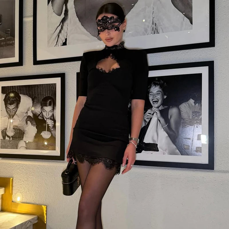 Tornova Sexy Hollow Lace Mini Dress For Women Fashion High Waist Short Sleeve Dress 2025 Autumn New Club Party Slim Black Dress