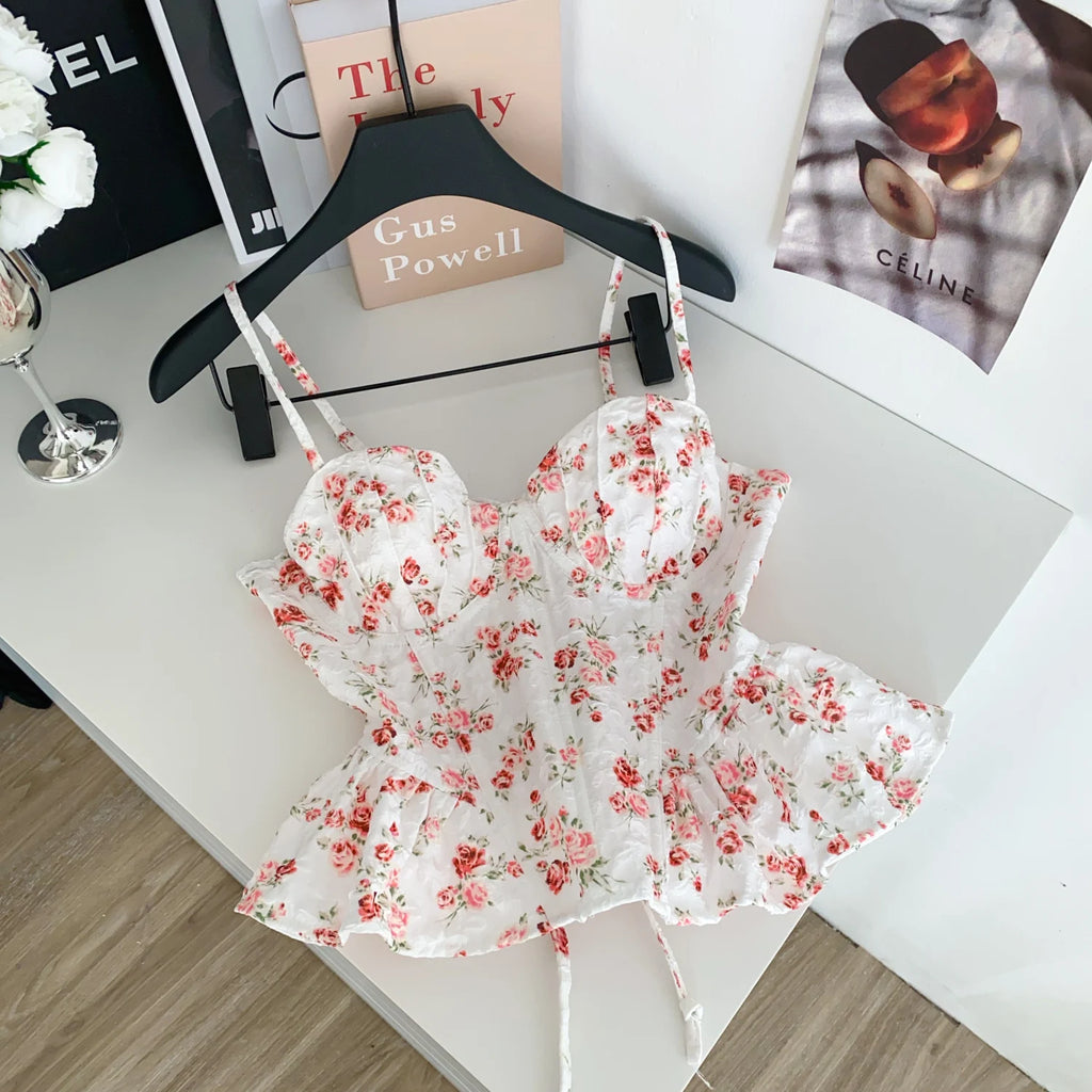 Sexy Slim  Corset ruffle print Chic Korean Camis Tank Top Basic Fashion Off Shoulder Summer Women Clothing