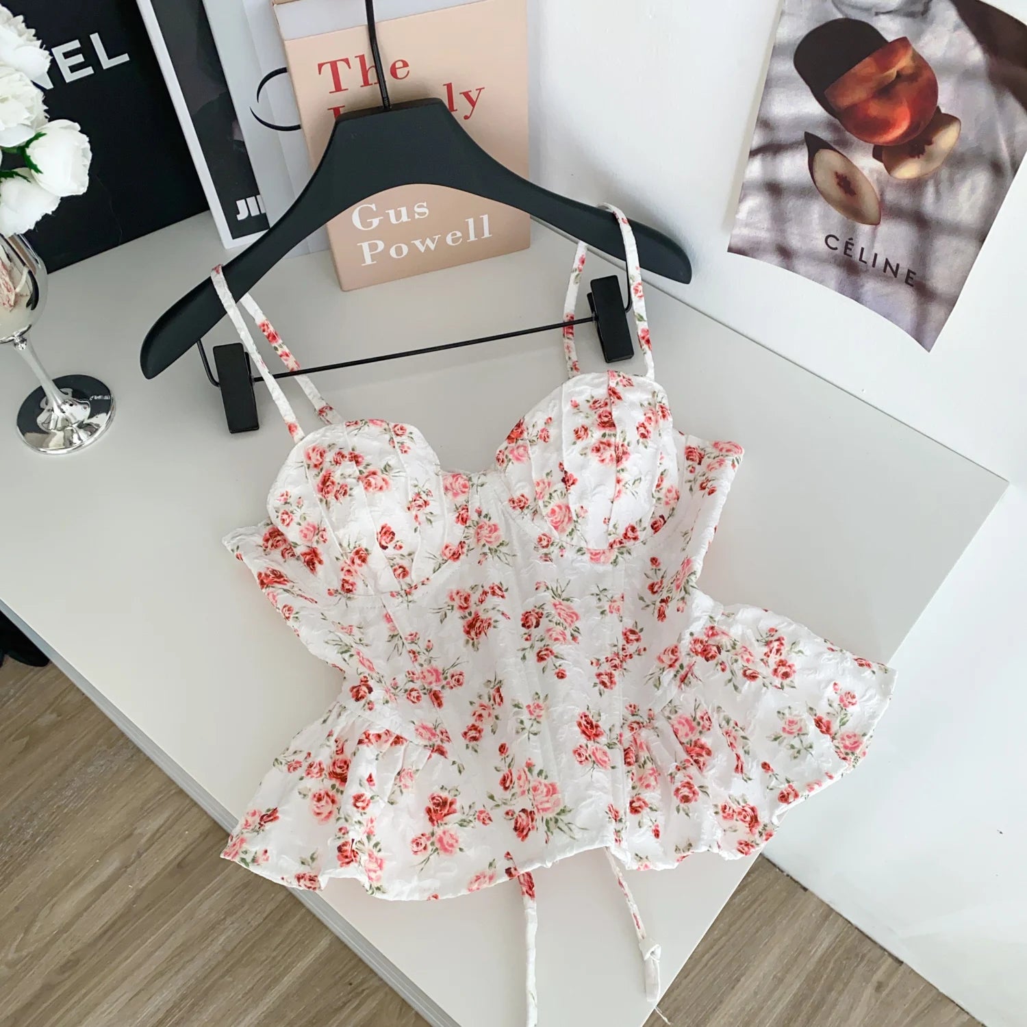 Sexy Slim  Corset ruffle print Chic Korean Camis Tank Top Basic Fashion Off Shoulder Summer Women Clothing
