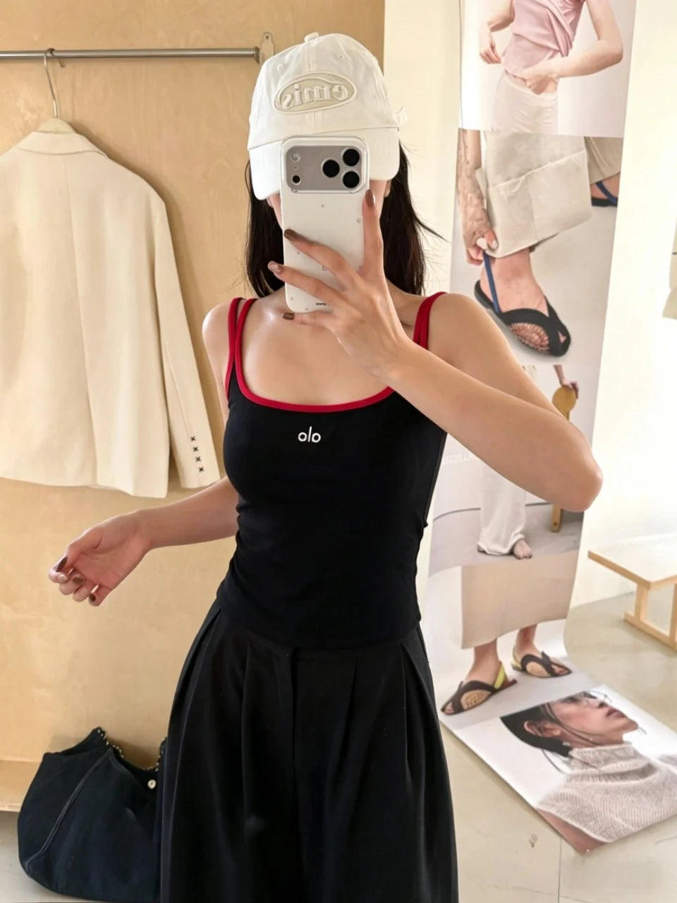 Summer New Pure Desire Letter Print Splice Strap Vest Slimming Color Block One-Piece Women's Vest with Chest Pad U-Neck Nylon