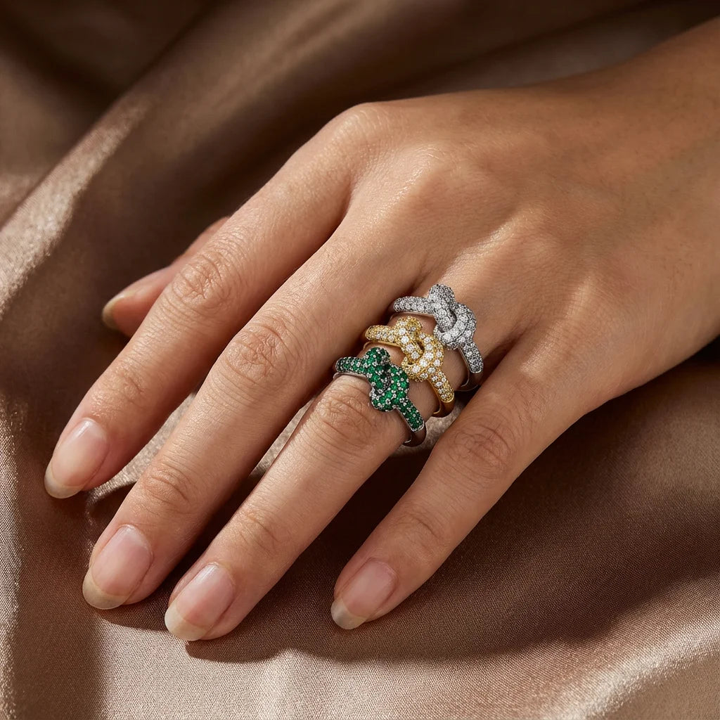 Luxury Colorful CZ Knot Stainless Steel Ring for Women Gold Plated Statement Fashion Jewelry Wedding Party Gift Daily Wear Trend