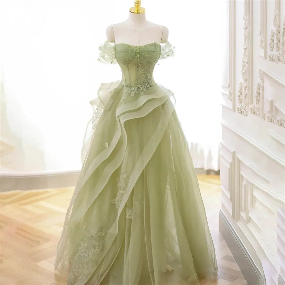 ROSES Sage Green Prom Dress Appliques Tulle Celebrity Dresses Tiered Pleat Women's Evening Dress Sweetheart Formal Gown 프롬 드