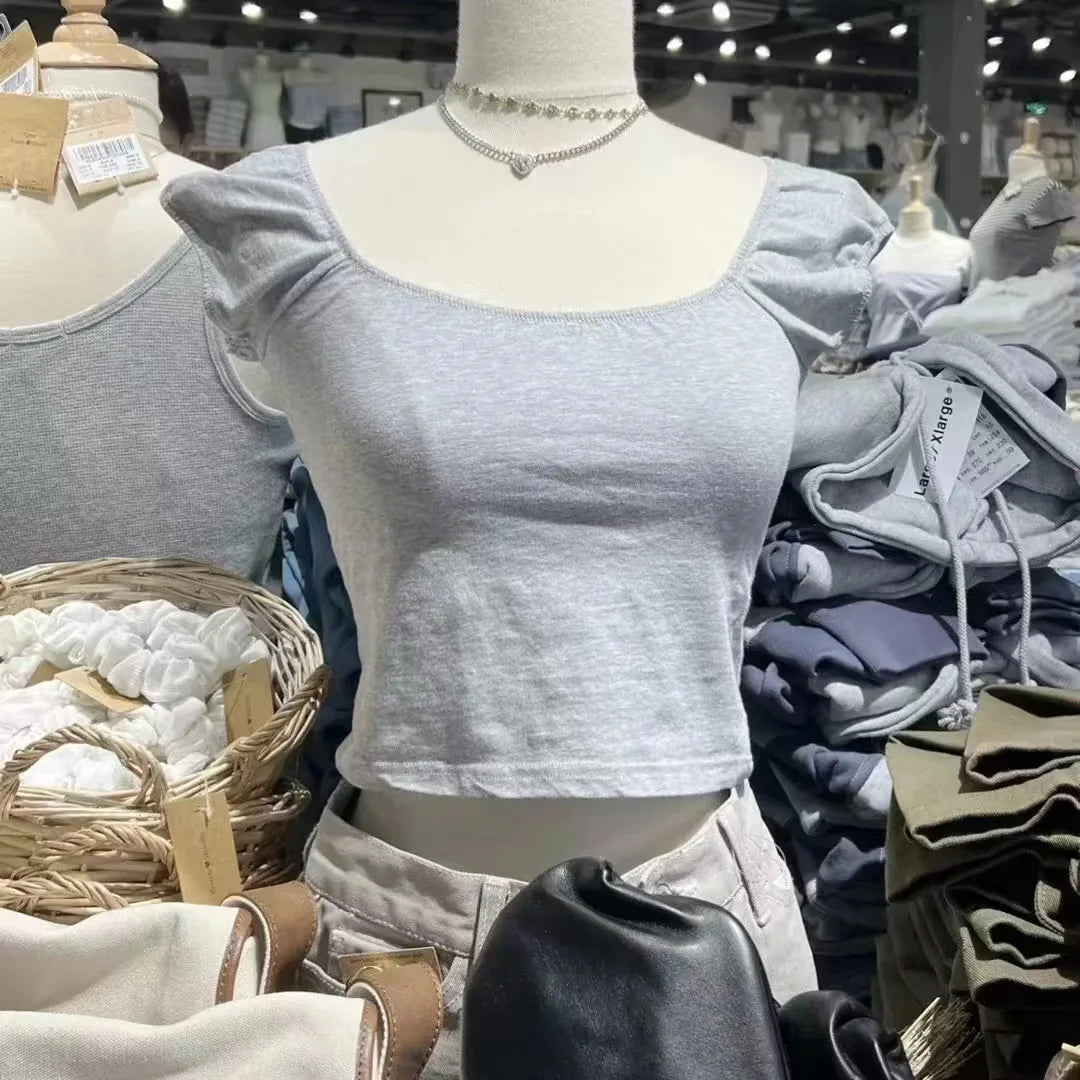 Pink Ruffle Slim Short Sleeve Tee Women Summer Square Collar Cotton Mesh Folds T-shirts Female Aesthetic Sweet Cute Y2K Tops New