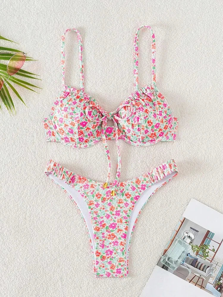 New Sexy Floral Print Push Up Bikini 2024 Women Swimwear Female Swimsuit Two Pieces Thong Bikini Set Bather Bathing Suit Beach