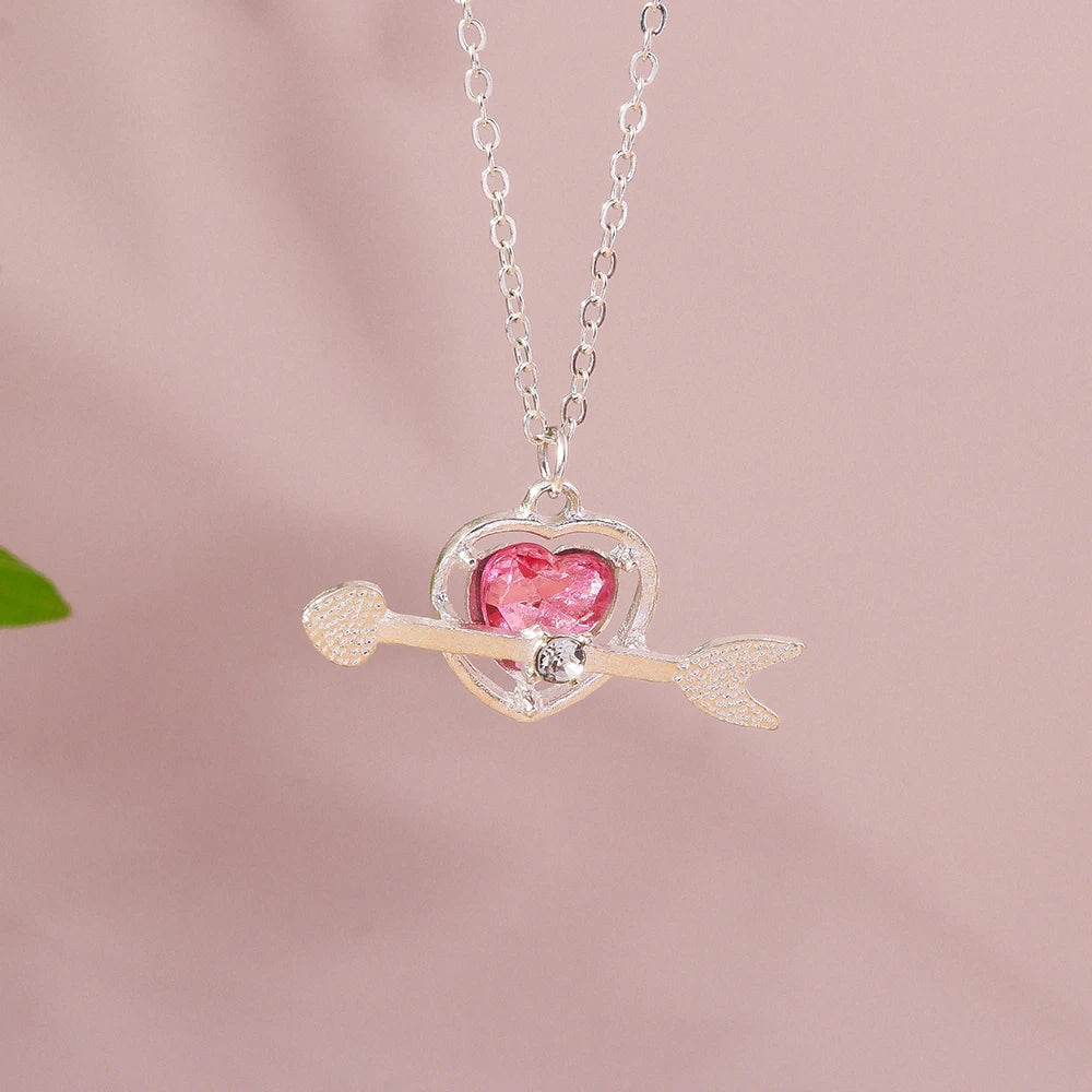 Delicate Y2k Crystal Pink Zircon Heart Necklace for Women Girl Bowknot Pendant Necklace Chain Party Jewelry Gifts