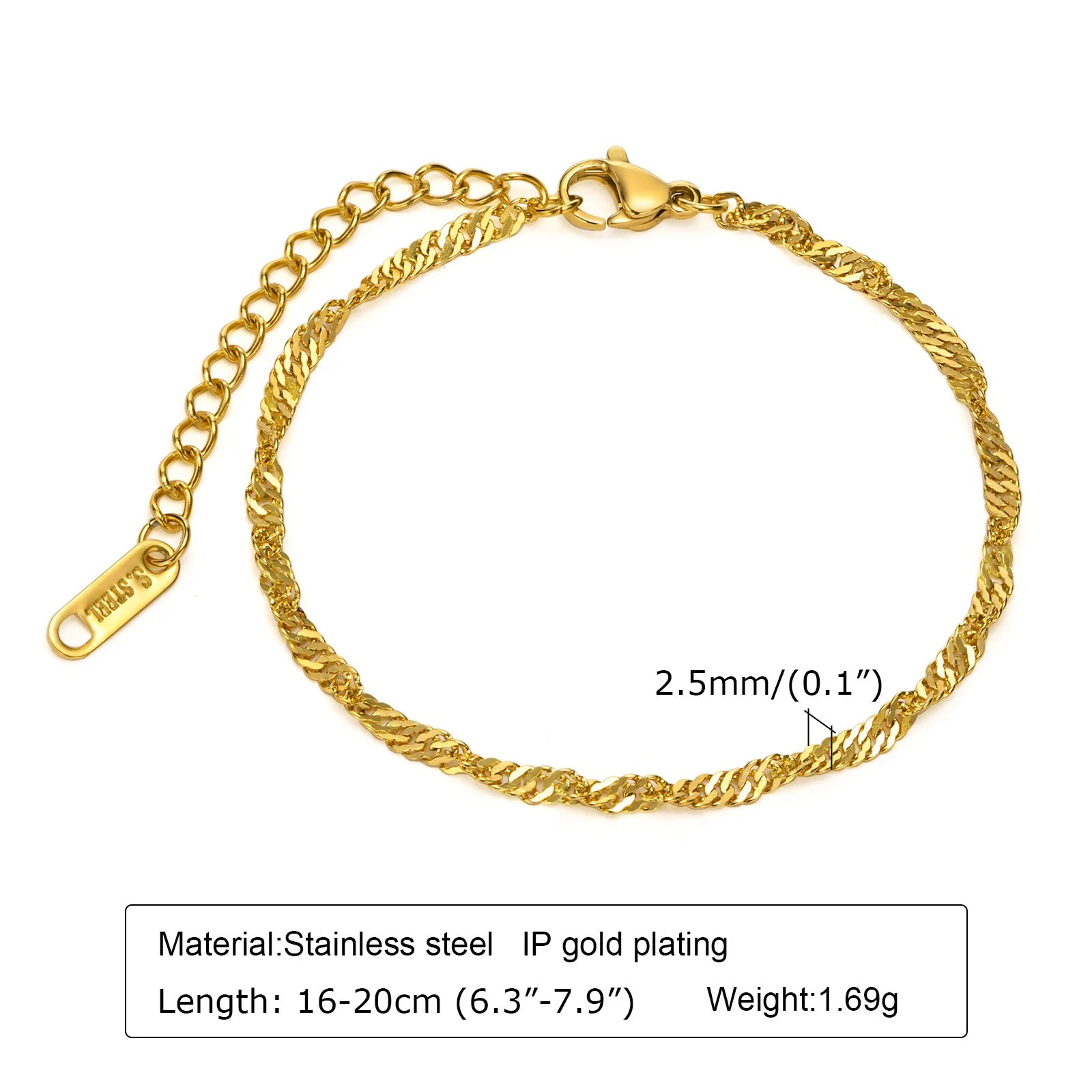 18K Gold Plated Link Bracelet for Women, Stainless Steel Stackable Chain Wristband, Adjustable Waterproof Jewelry
