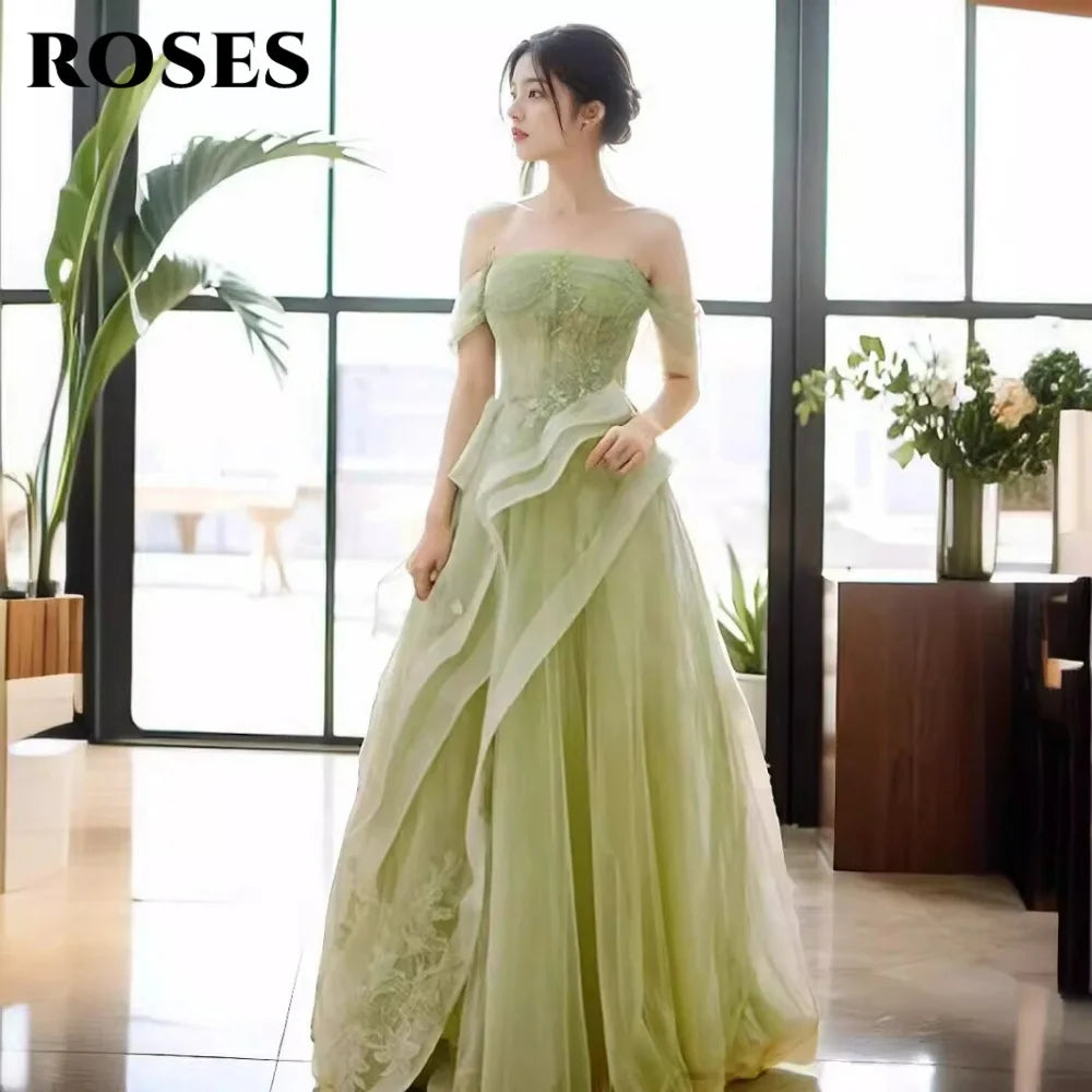 ROSES Sage Green Prom Dress Appliques Tulle Celebrity Dresses Tiered Pleat Women's Evening Dress Sweetheart Formal Gown 프롬 드