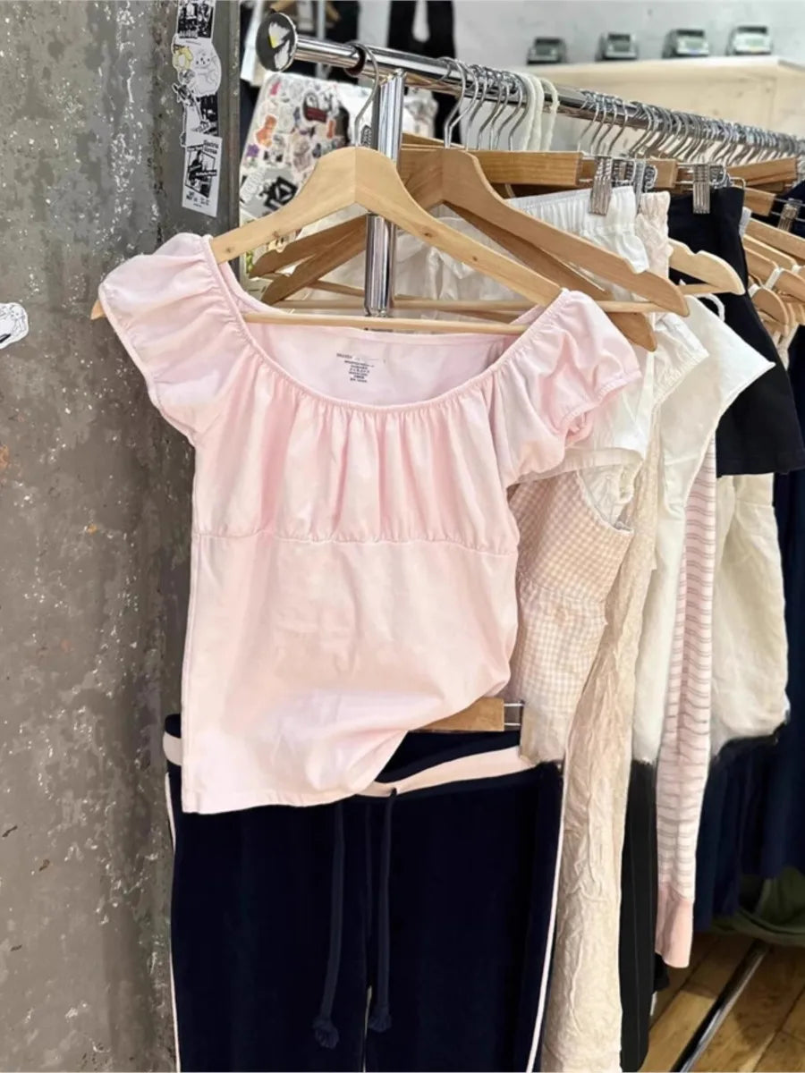Pink Ruffle Slim Short Sleeve Tee Women Summer Square Collar Cotton Mesh Folds T-shirts Female Aesthetic Sweet Cute Y2K Tops New
