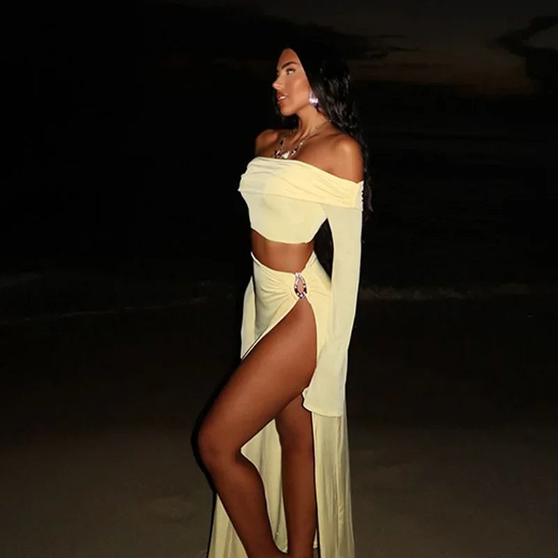 Leosoxs Women's Solid Beach Skirt Sets Sexy High Split Slim Bohemian Outfits Off The Shoulder Holiday 2 Piece Set 2025 Beachwear