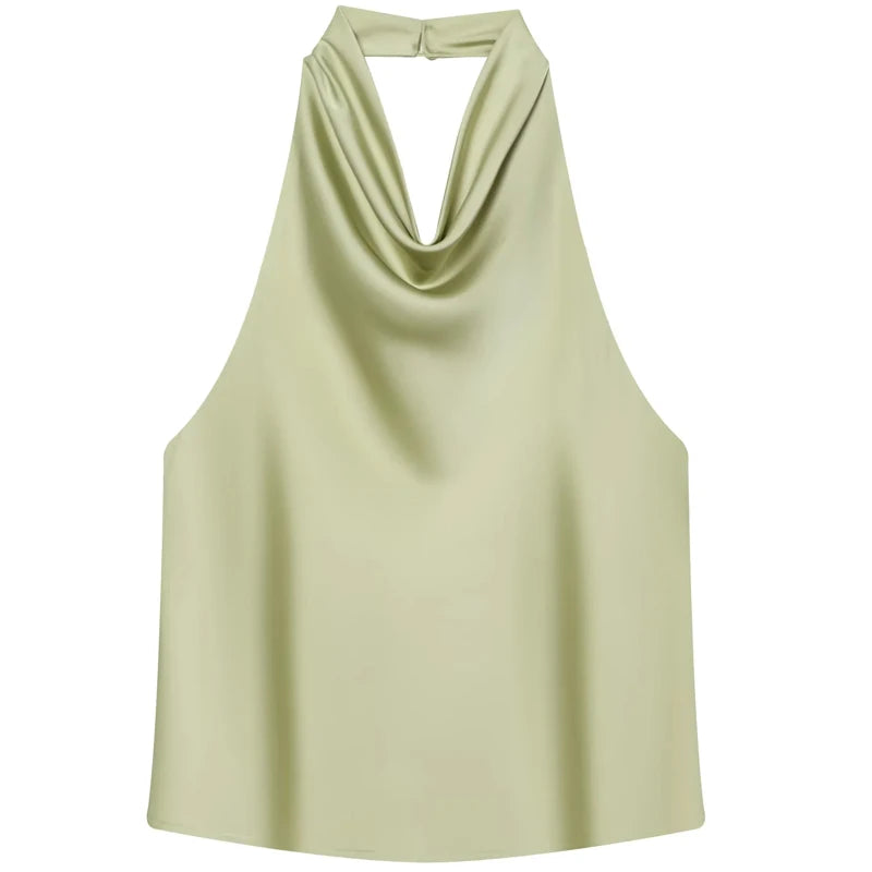 HXAO Satin Halter Top Women Summer 2025 Black Yellow Tanks & Camis Crop Smooth Off Shoulder Tank Top Sleeveless Backless Vests