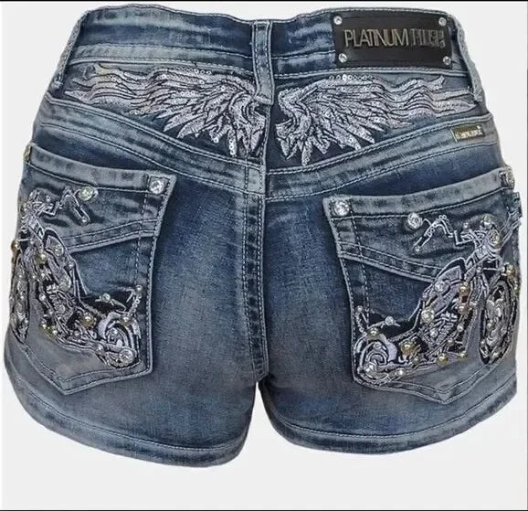 Women Rider Motorcycle Wing Rivet Embroidery Shorts Y2k Vintage Gothic Hot Girl Sexy Washed Denim Shorts Low Waist Mini Skirts