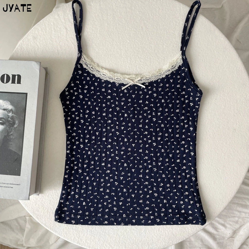Cute Cartoon Lace Trim Tank Tops Women Summer New Slim Cotton Sleeveless Vests Vintage Sweet Preppy Style Camisole Y2K Clothes