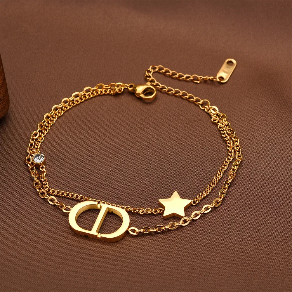 Fashionable Titanium Steel Double Layer Bracelet with Letter Star Design Simple Elegance Daily Wear Unique Style Hand Jewelry