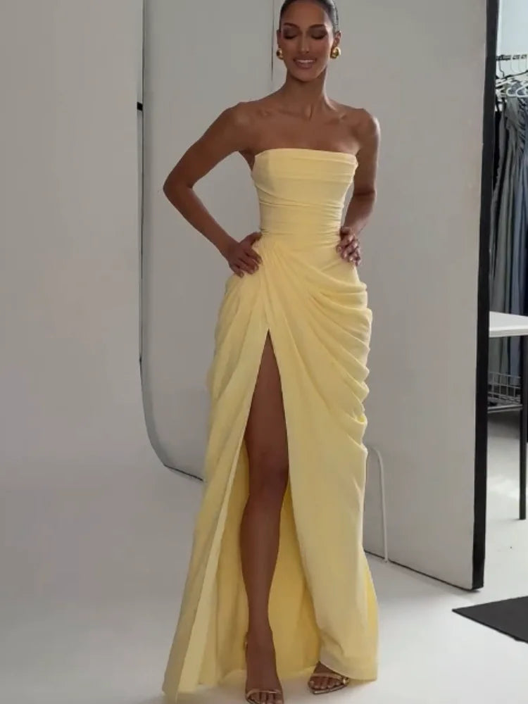 Yellow Strapless Pleated Women Split Maxi Dress Elegant Sleeveless Waist Cinching Slim Fit Dresses 2026 Lady Daily Party Gowns