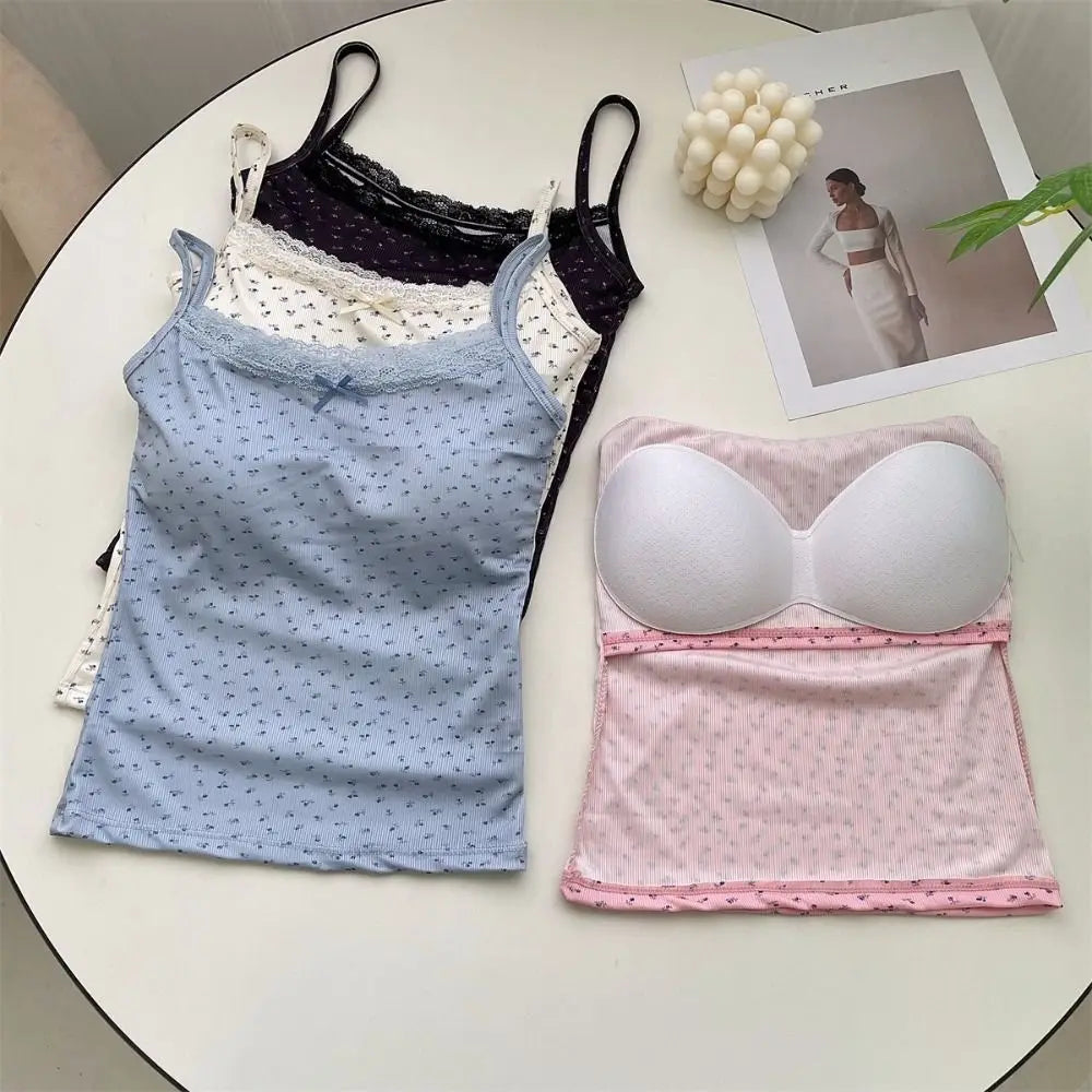 Elegant Sweet Floral Tank Tops Bowknot BM Style Lace Vest T-Shirt Bra Tops Casual Y2k Crop Top Spring Summer
