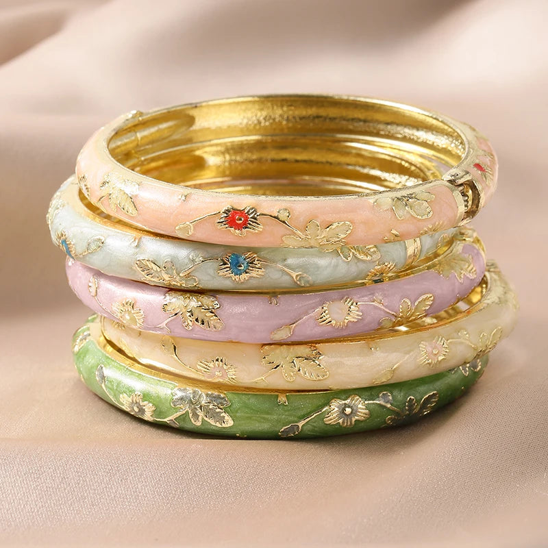 FTCY 5PCS Fine Small Flower Cloisonne Enamel Bangles For Women Vintage Bohemian Oil-drop bracelet Elegant Jewelry Gifts