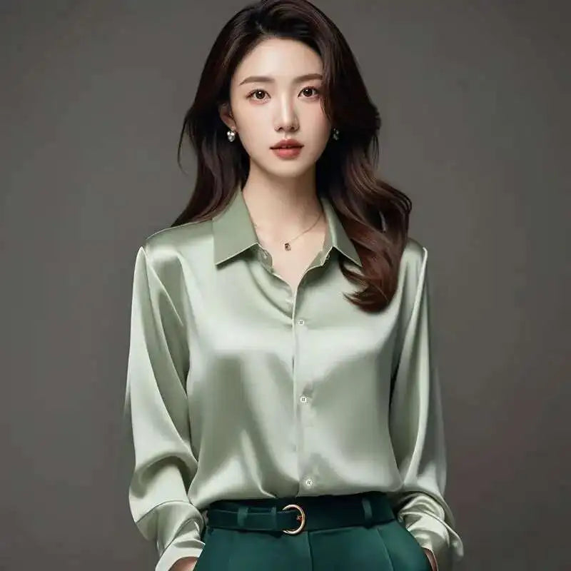 Elegant Silk Office Shirts Women Korean Fashion Y2k Clothes Slim Long Sleeve White Black Blusas Mujer Workwear Tops Blouses LS84
