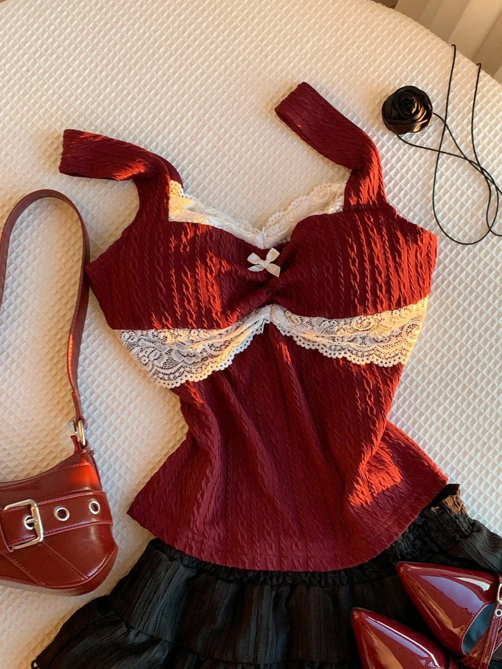 Y2K Summer Fashion New Lace Splicing Bow Decoration Pure Desire Women's Tank Top