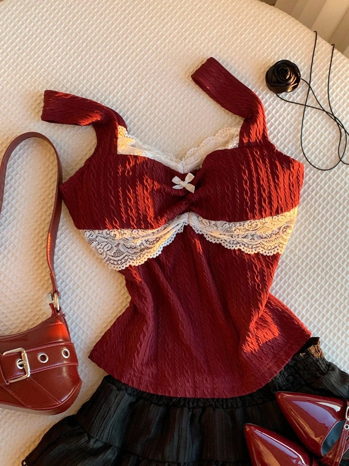 Y2K Summer Fashion New Lace Splicing Bow Decoration Pure Desire Women's Tank Top