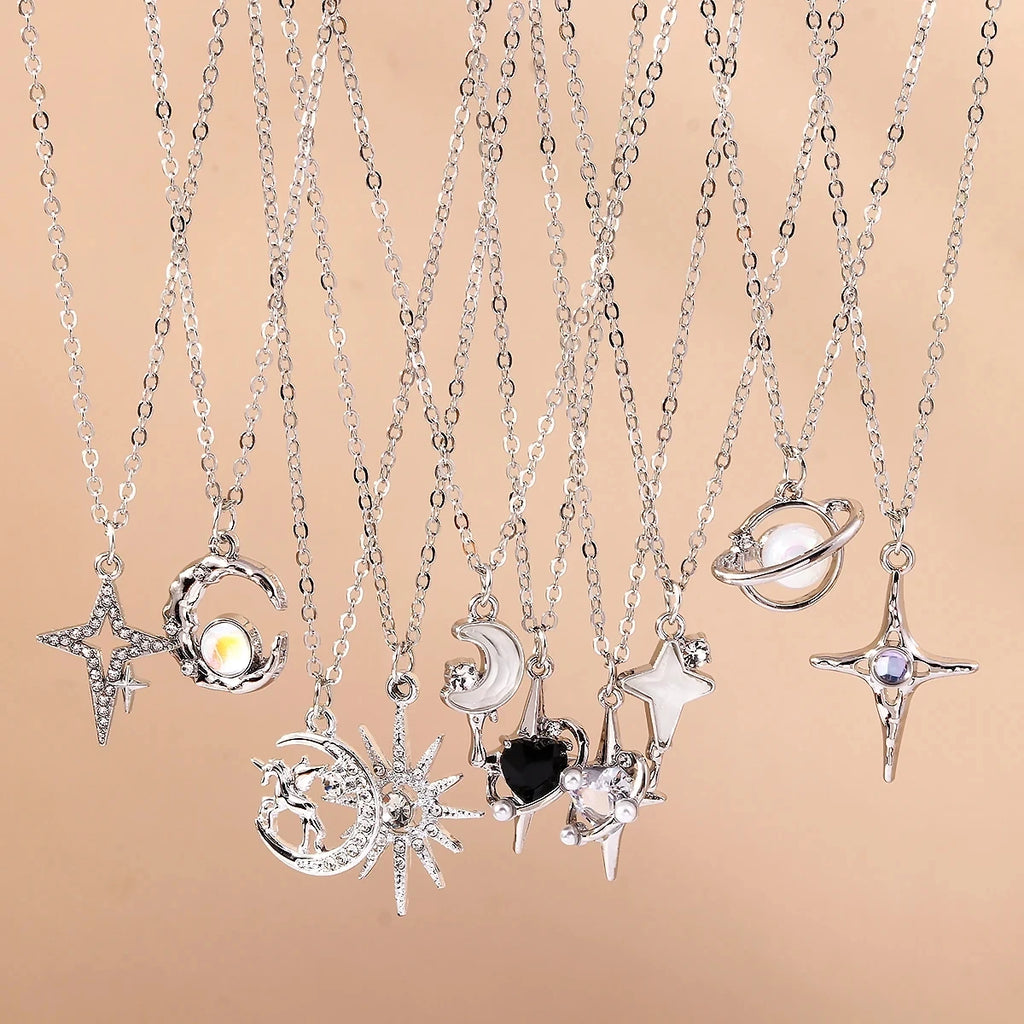Sparking Silver Color Y2K Crystal Sun Moon Necklaces for Women Star Pendants Necklace Chain Girls Jewelry Gifts