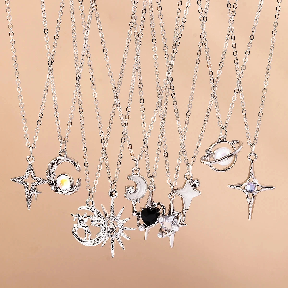 Sparking Silver Color Y2K Crystal Sun Moon Necklaces for Women Star Pendants Necklace Chain Girls Jewelry Gifts