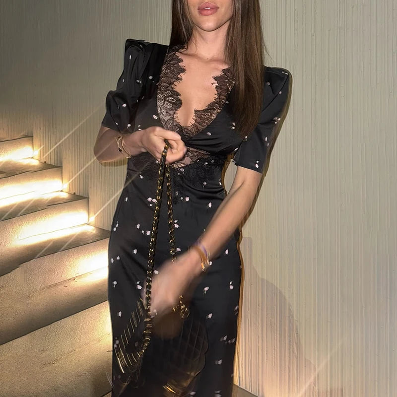 TARUXY Sexy Hollow Lace Dress Women's Fashion Short Sleeve Elegant High Waist Slim Print Dress Summer Party Club Clothes Female