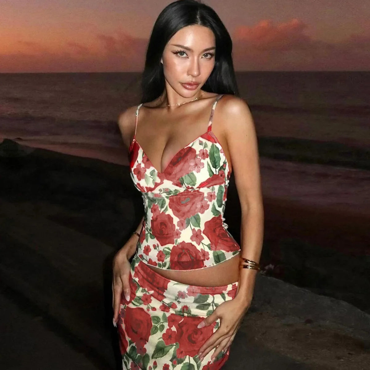Ladies Summer Floral Print Fashion 2 Piece Set Beach Vacation Sleeveless Backless Top Long Skirts Matching Sets Women Birthday