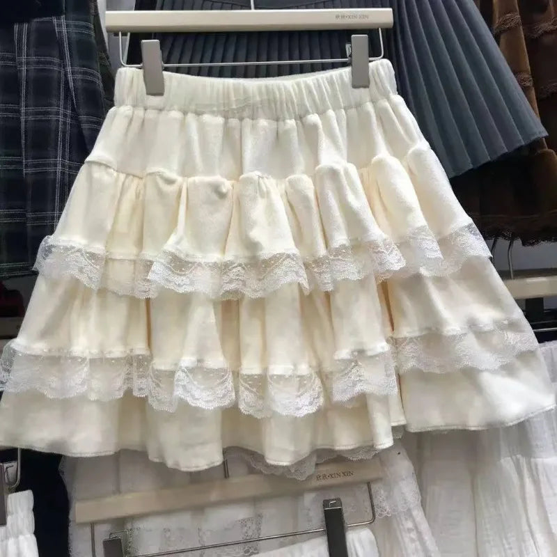 Woman Vintage Denim Pleated Skirt Lace Fold Design A-line Short Skirt Built in Shorts American Spicy Girl Korea Fashion Hotsweet