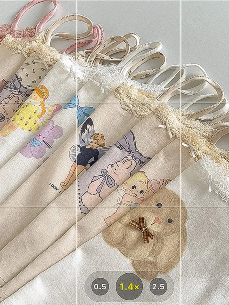 Cute Cartoon Lace Trim Tank Tops Women Summer New Slim Cotton Sleeveless Vests Vintage Sweet Preppy Style Camisole Y2K Clothes