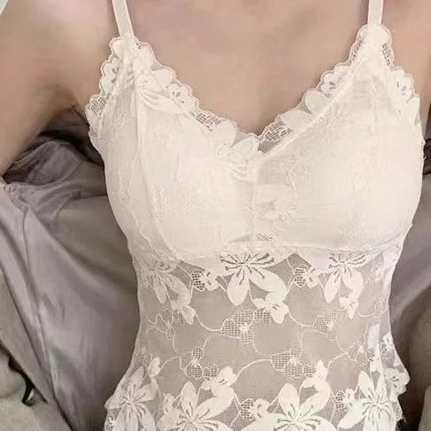Sexy Lace Embellished Pure Desire Backless Tank Top Women's Summer Design Versatile Outerwear Short Sleeve  Color