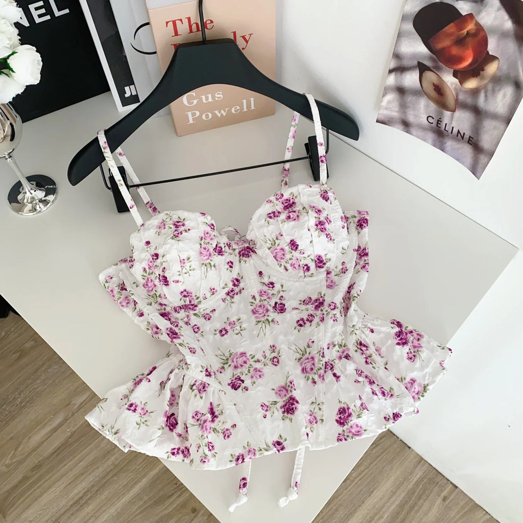 Sexy Slim  Corset ruffle print Chic Korean Camis Tank Top Basic Fashion Off Shoulder Summer Women Clothing