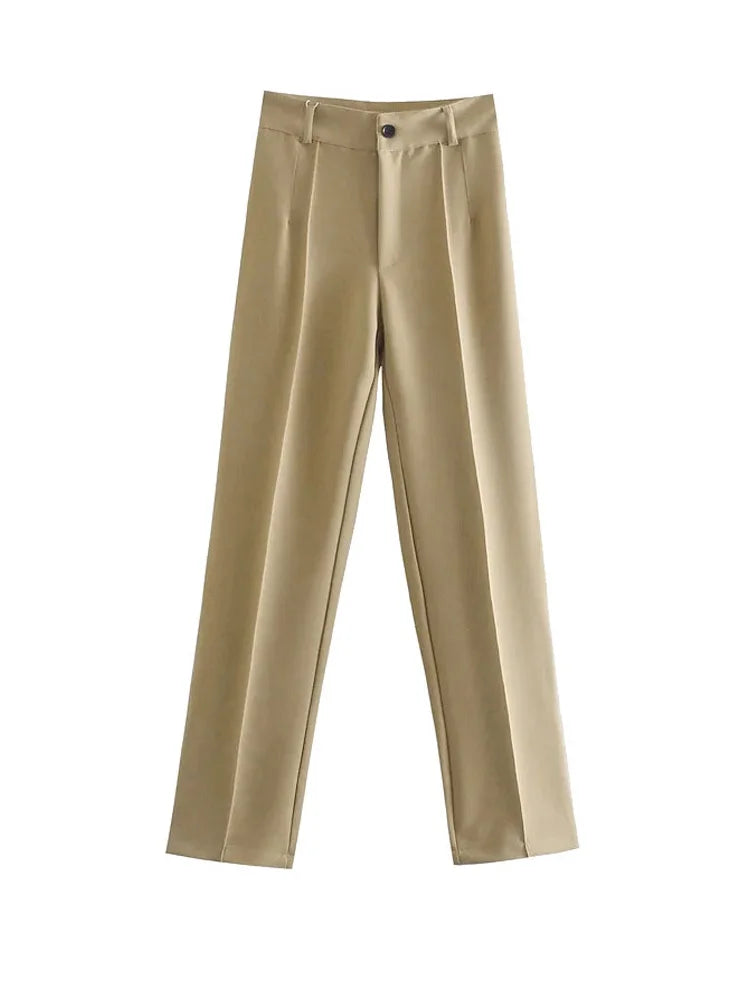 Women Chic Fashion Office Wear Straight Pants Vintage High Waist Zipper Fly Female Trousers Mujer
