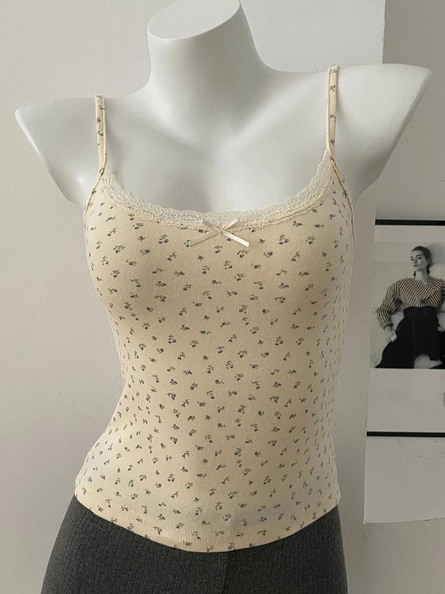 Floral Print Lace Trim Camis Women Summer New Bow Slim Sleeveless Crop Tops Vest Sweet Cute Sexy Preppy Style Tank Top Y2k Chic