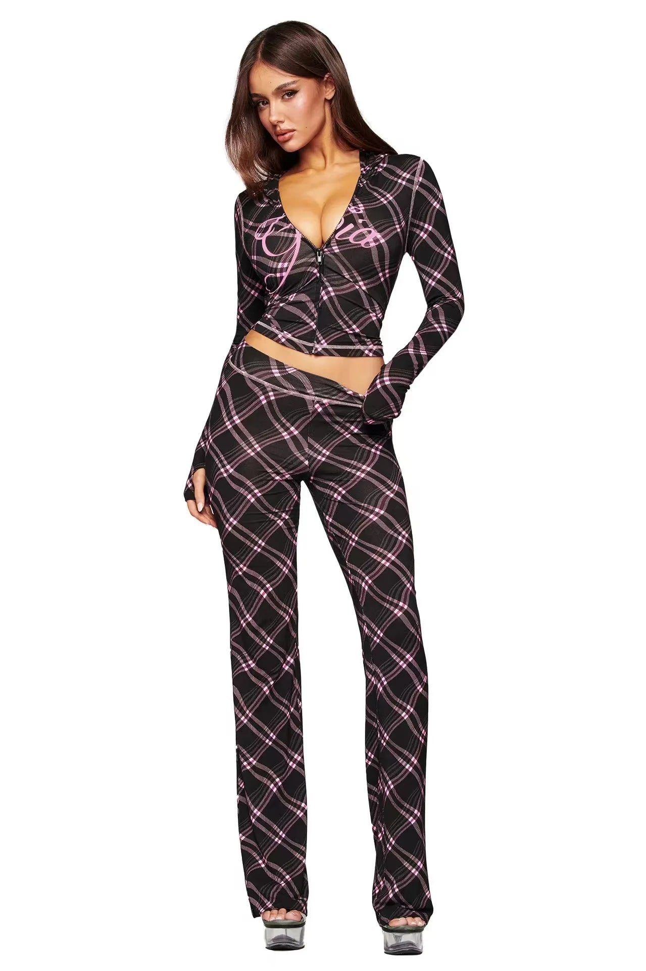 gia slim fit letter printed open thread design hooded zipper short jacket pants set